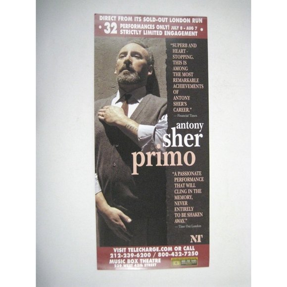 Primo Playbill 2005 The Music Box Theatre Antony Sher Ticket Flyer - Picture 2 of 10
